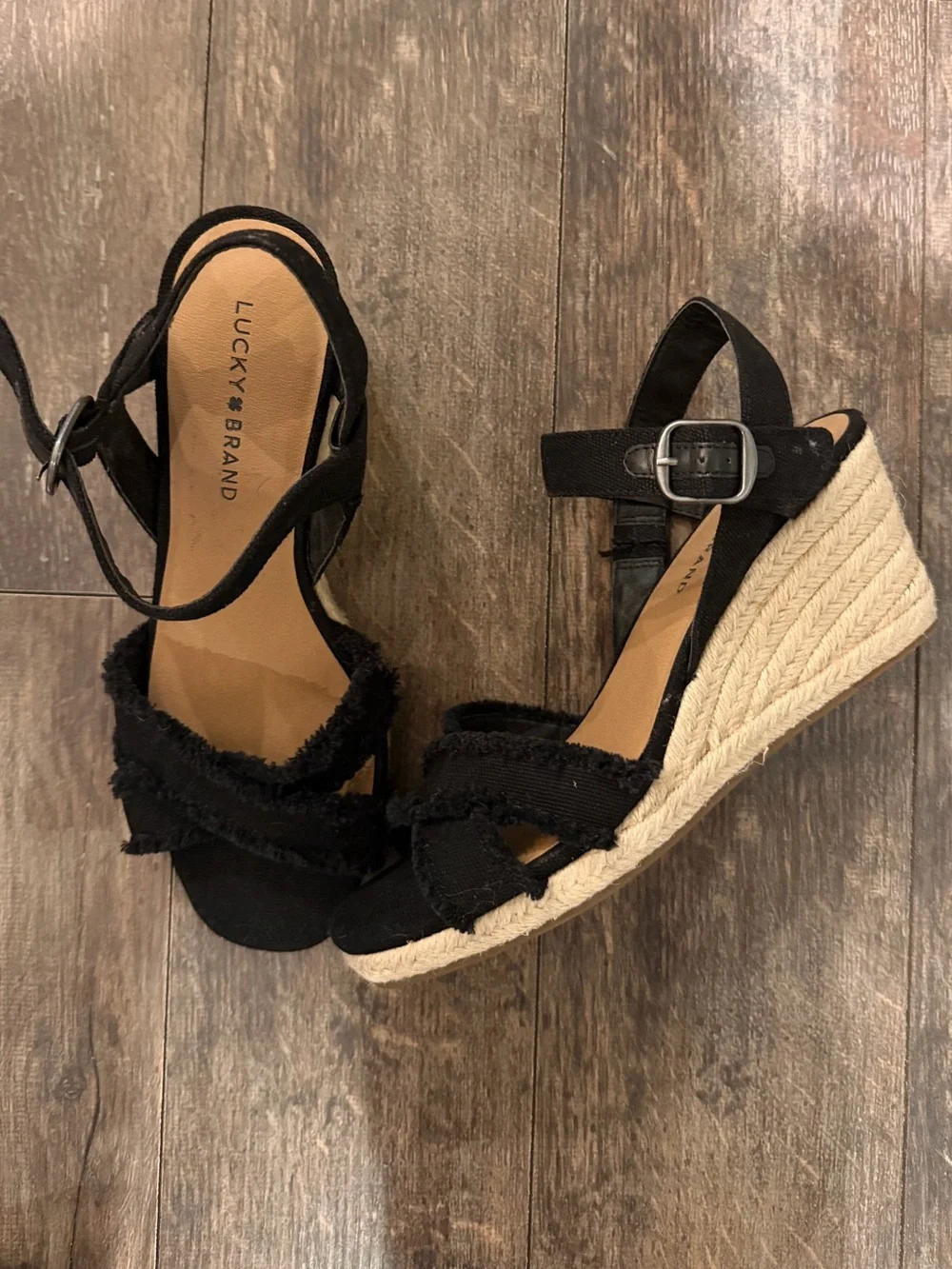 Lucky Brand Black Frayed Strap Block Heel Sandals